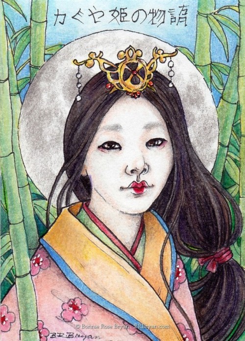 The Tale of Princess Kaguya  This is a minitaure artist trading card, only 2.5″ x 3.5″ink, watercolo