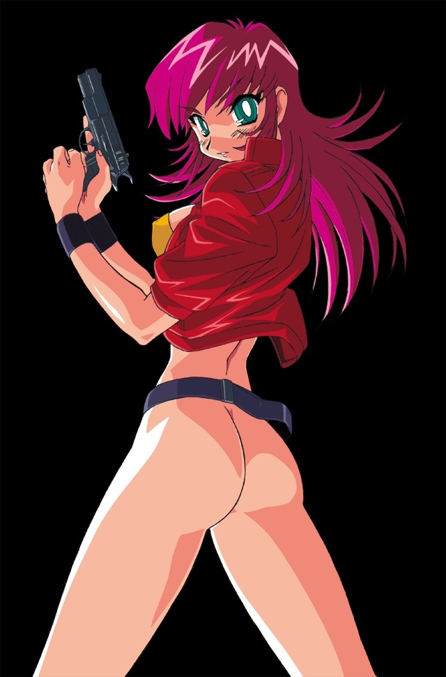 Sexy and busty hentai babe with her gun in hand and displaying her assets.