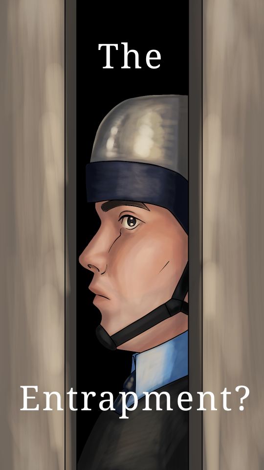 A vertical image of barney calhoun wearinf a guard helmet in profile looking at the viewer through a gap between the closing doors of an elevator. overtop the images reads the text: the entrapment?