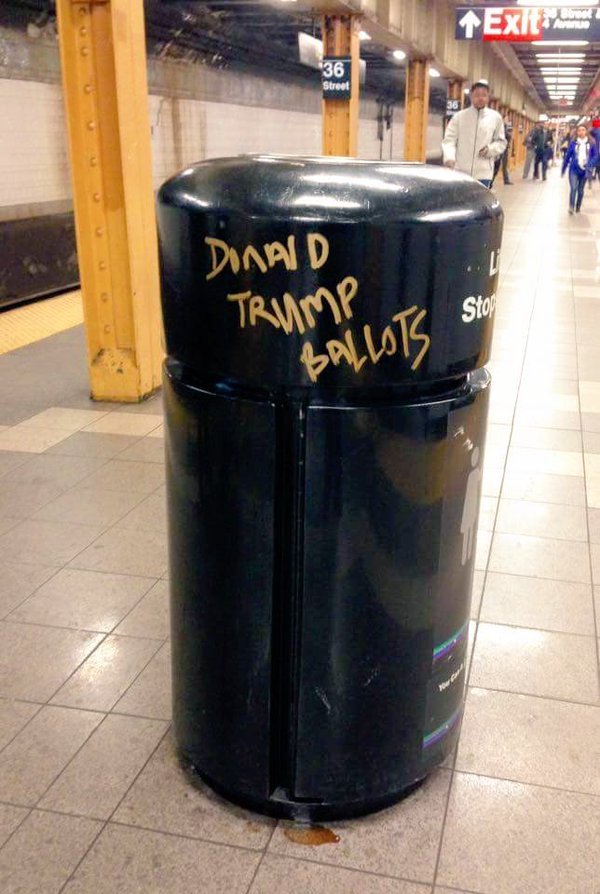 sixpenceee:  This trashcan located in Sunset Park, New York is now accepting Donald