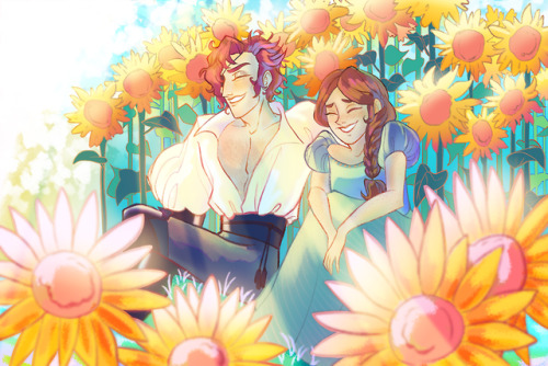 My @fieldsofvesuvia gift for @pokemeg! Julian and their apprentice Meg relaxing in a field of sunflo