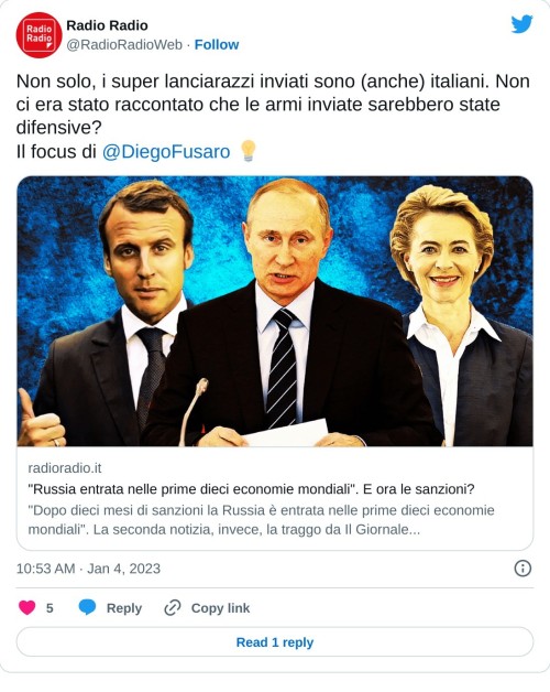 Non solo, i super lanciarazzi inviati sono (anche) italiani. Non ci era stato raccontato che le armi inviate sarebbero state difensive? Il focus di @DiegoFusaro 💡https://t.co/Gt8X51YJF1  — Radio Radio (@RadioRadioWeb) January 4, 2023