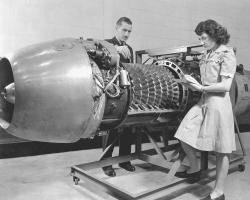 engineeringhistory:  Jet Propelled Engine with cover removed, Aircraft Engine Research Laboratory of the National Advisory Committee for Aeronautics, Cleveland, Ohio, 1946.