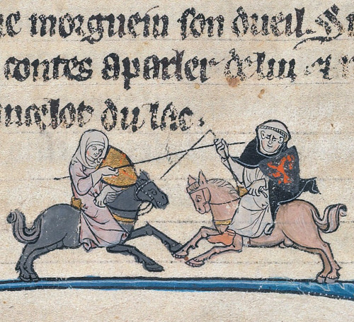 a woman jousting with a friarLe livre de Lancelot du Lac and other Arthurian Romances, Northern Fran