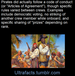 ultrafacts:  A pirate code, pirate articles or articles of agreement were a code of conduct for governing pirates. A group of sailors, on turning pirate, would draw up their own code or articles, which provided rules for discipline, division of stolen