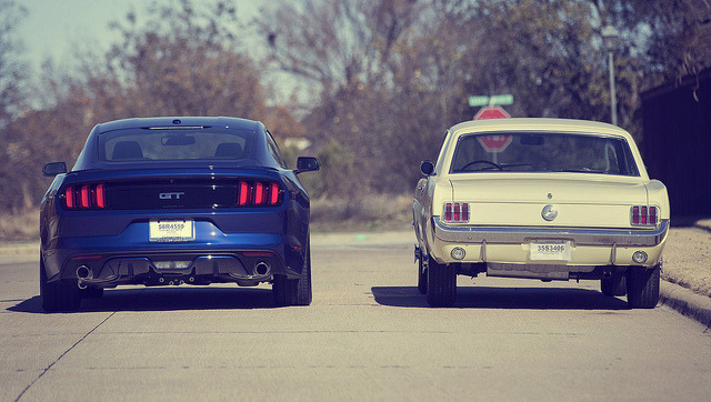 ford-mustang-generation:  1966 and 2015 Mustangs by VisualUniverse on Flickr.