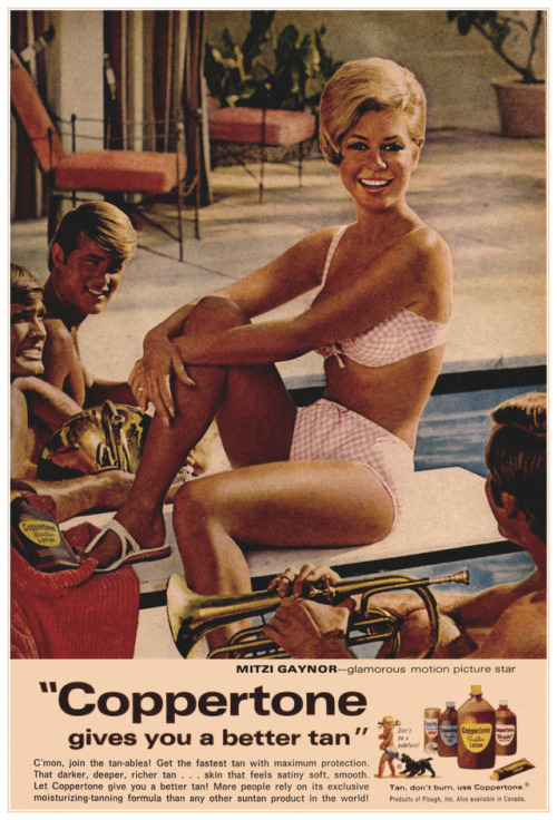 thegikitiki:Darker, Deeper, Richer…   Coppertone with Mitzi Gaynor, 1968 I would like to see how dar