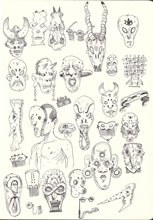 a much of masks I drew in 2015, ballpoint pen