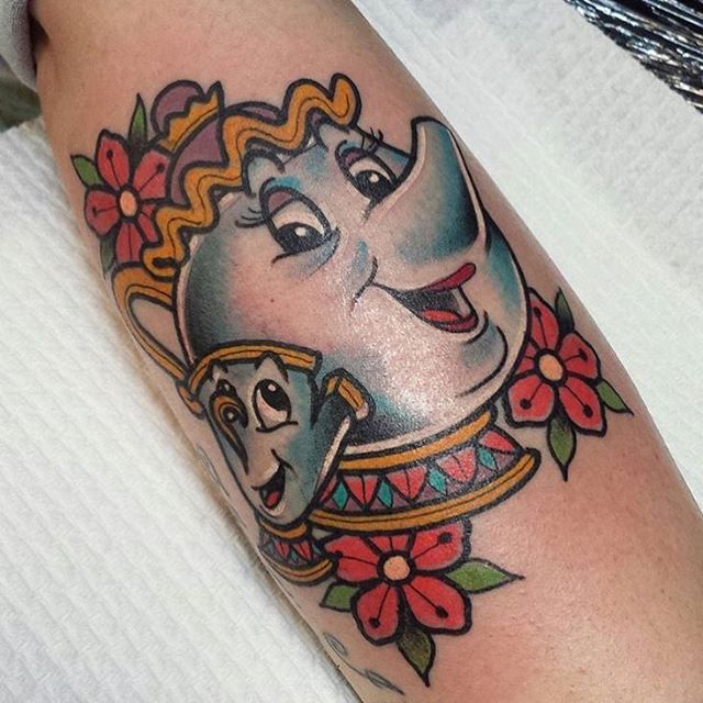 Mrs Potts and Chip tattoo located on the upper arm