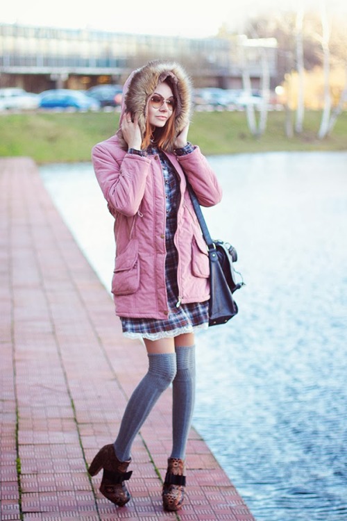 Grey wool thigh high socks, brown boots, checkered dress and pink coat