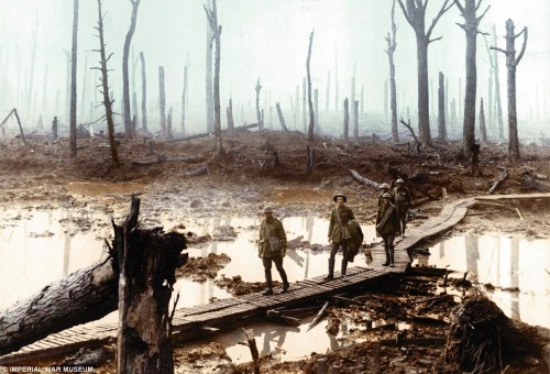 Highway to hell: Soldiers gingerly make their way across a path made of wooden duckboards in Chateau