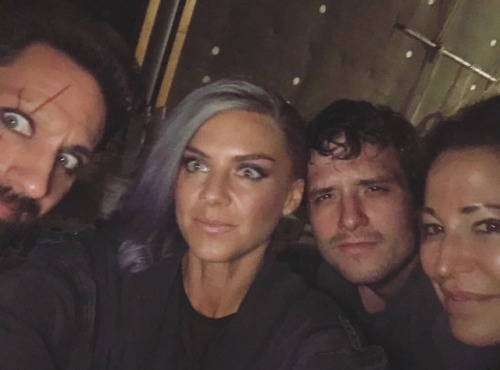 Josh Hutcherson, Derek Wilson, Eliza Coupe and makeup artist Nikoletta Skarlatos on the set of Futur