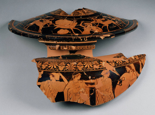 fishstickmonkey:Fragments of a footed red-figure dinos: Reclamation of Helen (body); death of Kaineus (lid)Greek, Attic, ca. 470–460 B.C.body attributed to the Copenhagen Painter, Greek, Attic, active ca. 500-475 B.C.lid attributed to the Syriskos Painter, Greek, Attic, active ca. 500-ca. 475 BCETerracottaPrinceton University Art Museum 
