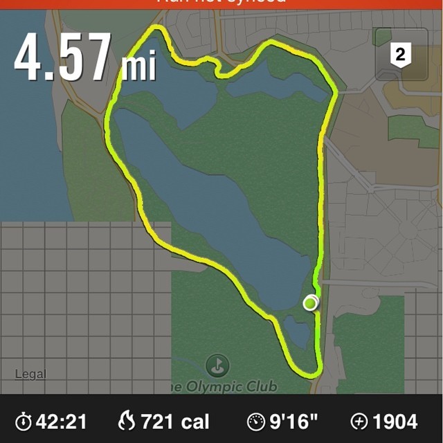 .:Lake Merced fo dat @$$ :. 4.57 miles in 43 mins with a pace of 9'20" a mile ill take it especially being pressured to rum a little quick because i work at 1 pm happy wednesday erryone. Do something to make u forget its wednesday. I heart all my...