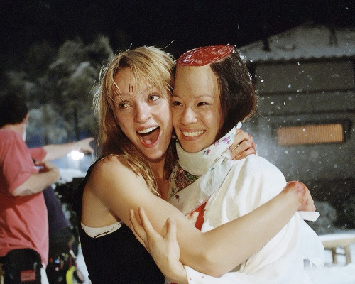 Uma Thurman and Lucy Liu behind the scenes of Kill Bill: Vol. 1