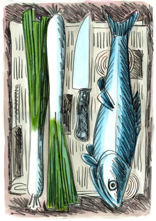 Fish, knife and leeks on newspaper