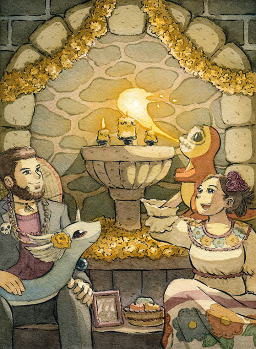 A couple and their Pokemon pay their respects to an ofrenda! This was a commission I did recently. 