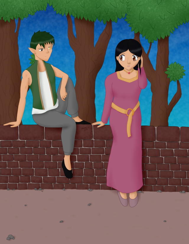 Digital drawing of two women, an elf and a human, at a low brick wall in front of some trees. The elf, a pale person with a dark green undercut, heterochromia, and a green vest and grey pants, sits on top of the wall on the left, smiling gently at the human. The human, also pale but with long black hair, large brown eyes, and a long pink dress with yellow trim, leans against the wall on the right, facing forward but looking over towards the elf with a small smile.