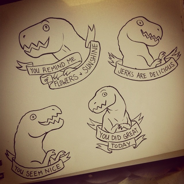 jackiemakescomics:
“Sketching more friendly t-rexes while waiting at the mechanic.
”