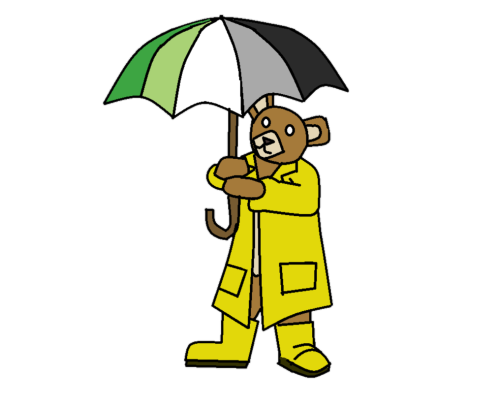 crocuses-and-frogs:[Image description: Stuffed bear in yellow raincoat and rain boots holding an umb