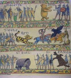 bunjywunjy:  not100bees:darkpaladin:sepiachord:With Winnie-the-Pooh and The Battle of Hastings sharing an anniversary today, did you know that E. H. Shepard once drew this amazing scene for an exclusive book bag?   I love that none of them have weapons.