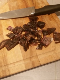 That boy @fenicore gave me some hard meat. So hard in fact I had to slice it up with a very big knife.   It’s a special feeling when a vegetarian boy brings you reindeer jerky as a present