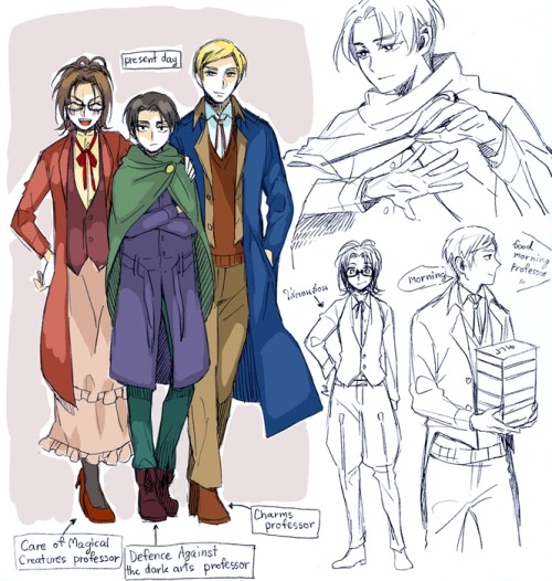 rivailleplz:  ask—rivaille:  most-powerful-soldier:  killthemtitans:  lucky7marco:  reiner—braun:  進撃のホグワーツ by なし   (( oh my gosh I love hp aus. I picture Jean wanting to be in Slyth but ends up being sorted into Gryff and he rages