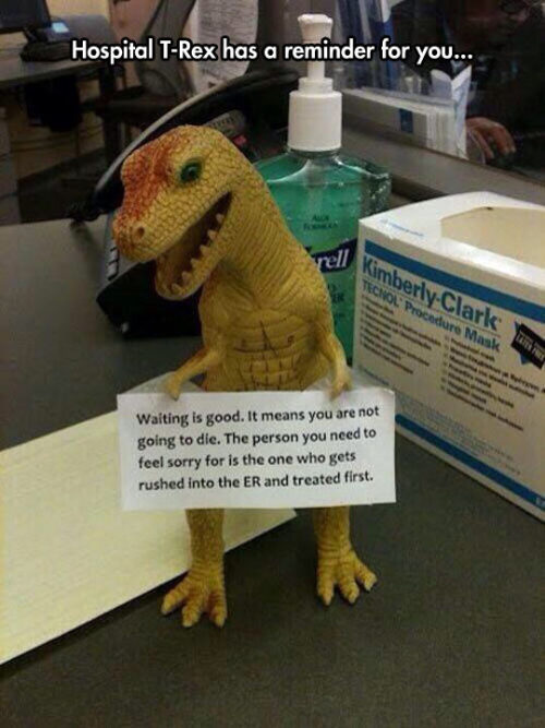 official-liberty-prime:srsfunny:Hospital T-RexImagine being rushed into the ER and reading this as t