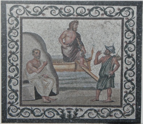 A mosaic from the shrine of Asclepius, god of medicine, on the island of Kos.  Asclepius, cente