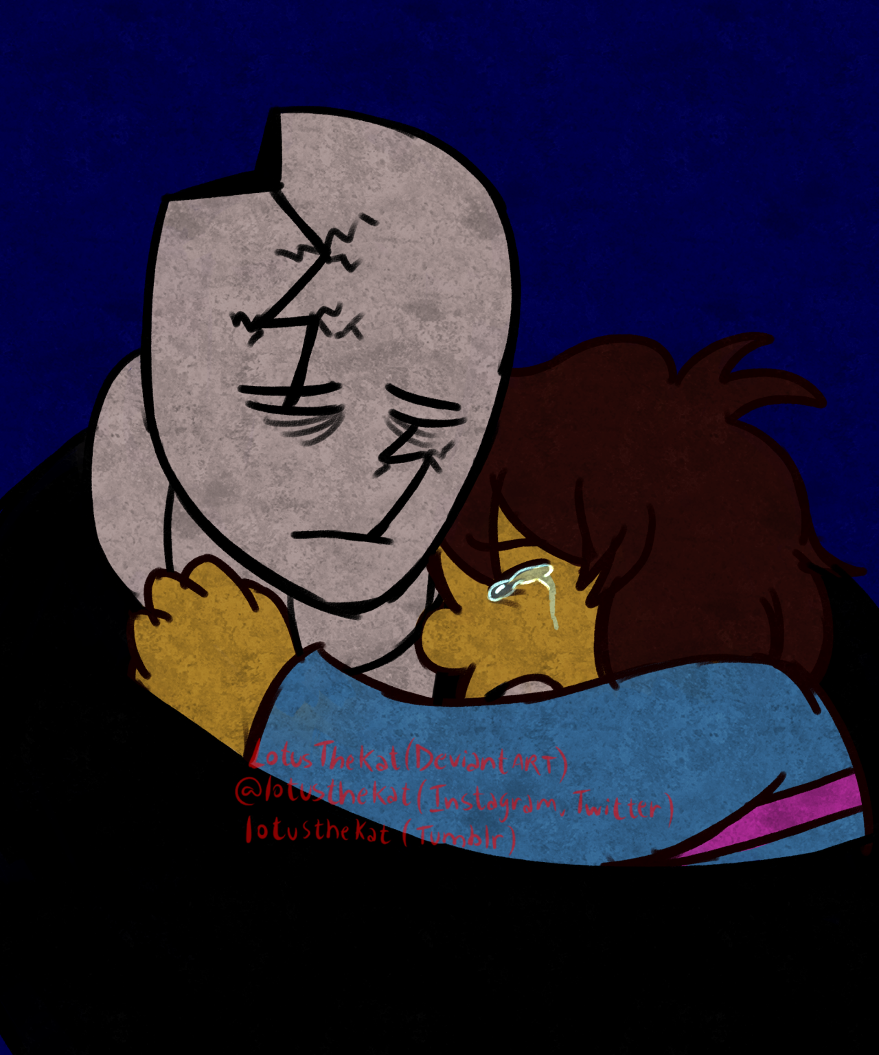 [ID: digital drawing of W. D. Gaster envolving a crying Frisk in his arms. The background is a dark blue. /End ID] I 