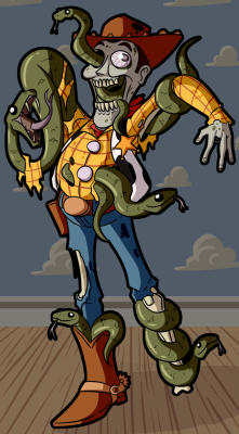 Day twenty one of Drawlloween 2017, and today’s theme was, “Cadaverous Cowboys”. Honestly, the only idea I had was to make a zombie Woody who’s body is being piloted around by a bunch of snakes. 