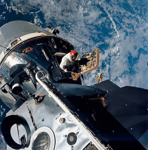 supplyside:  View of the docked Apollo 9 Command and Service Modules CSM and Lunar Module LM, with E