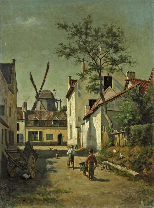 laclefdescoeurs: A Village Street with Two Boys pushing a Wheelbarrow, Agapit Stevens