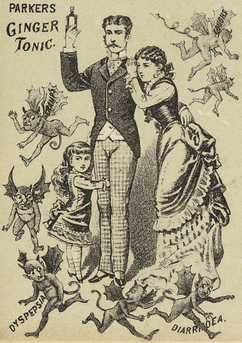danskjavlarna:Ginger tonic dispels demons in this ad from c. 1890.Mischievous sprites and other vint