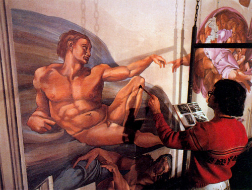 An Imagineer painting Michelangelo&rsquo;s Adam on the ceiling of the Sistine Chapel scene in Sp