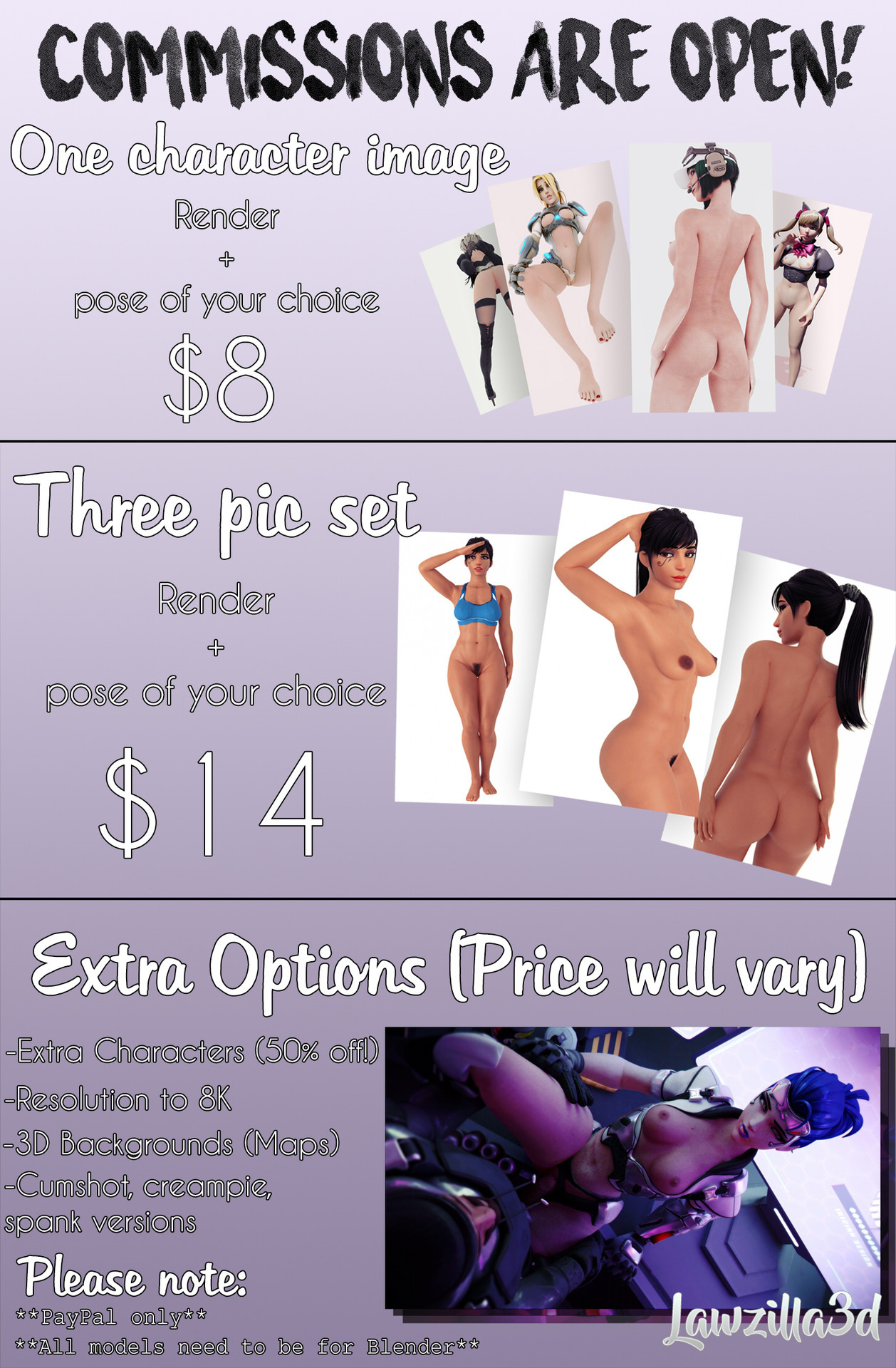 lawzilla3d:  Hey guys! I’m opening my 3D commissions ~Prices:8$ one character image14$