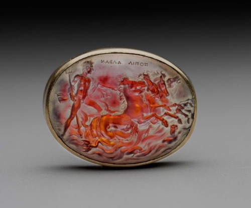 theancientwayoflife:~ Oval gem with Augustus as Neptune, mounting a sea-chariot.Culture: RomanPeriod