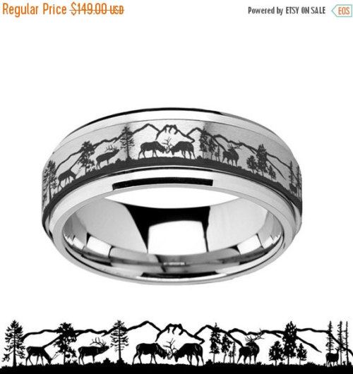 Wedding Sale Tungsten Ring with Mountain Scene Engraving and Spinner Ring, Deer and Mountain Ring on