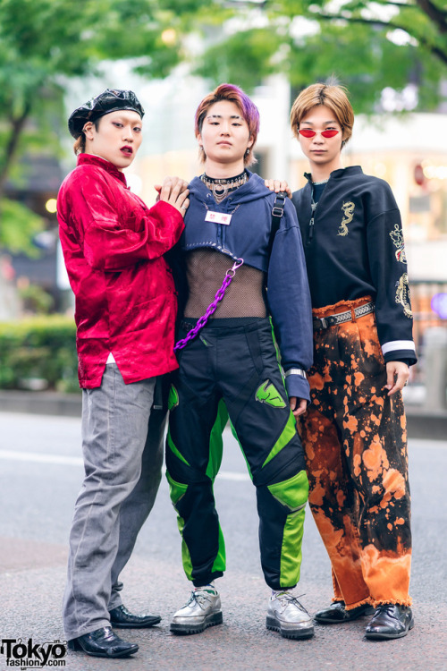 Japanese teens Dai, Kan, and Kota on the street in Harajuku wearing remake fashion along with items 