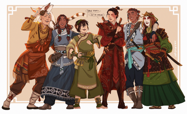 a redraw of the "old friends" ATLA poster, the characters are drawn as adults, standing close to each other as if they're about to have a picture taken. Toph is elbowing zuko on the side and saying "smile sparky", he's scowling at her and saying "ow! i'm smiling!"