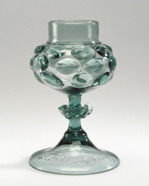 Stemmed and Prunted Goblet, 1500-1550. Free-blown glass with diamond point engraving, Germany. Via G