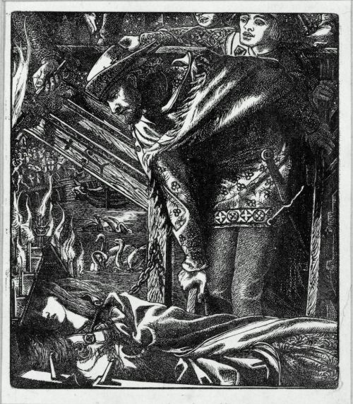 drakontomalloi:Dante Gabriel Rossetti - Launcelot and the Lady of Shalott. 1857