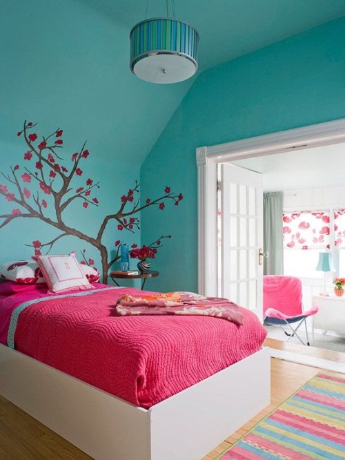 Black white and turquoise bedroom