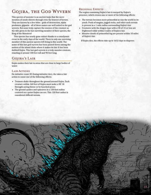 probablyadrpgideas: After 3 months Kovaud’s Kaiju Field Guide is finished! This is only 10 out of the 56 pages as Tumblr does in fact have an image limit for image posts. A whole 56 pages containing 2 new races, 4 new subclasses, 29 new monsters, and