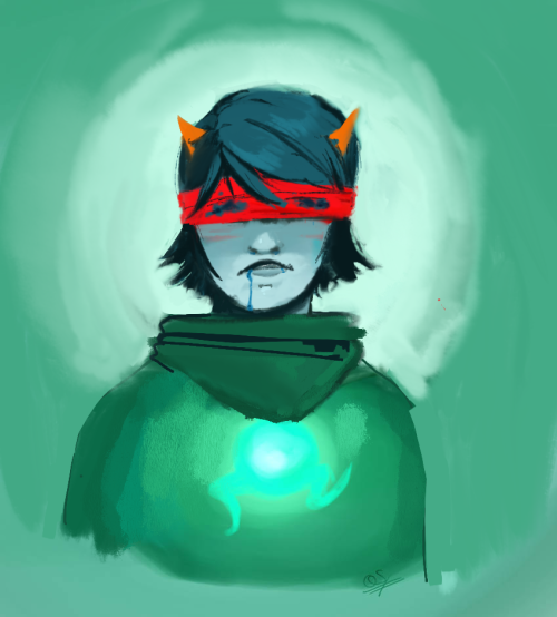 bust drawing of Terezi pyrope. she is wearing her god tier outfit and a red scarf tied around her eyes.