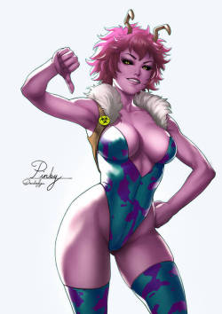 youngjusticer:  Mina Ashido is mostly seen with a smile on her face. She has no problem  being completely nude in front of others, but she does not appreciate peeping. Her quirk allows her to shoot out a corrosive liquid from within her  body. Pinky,