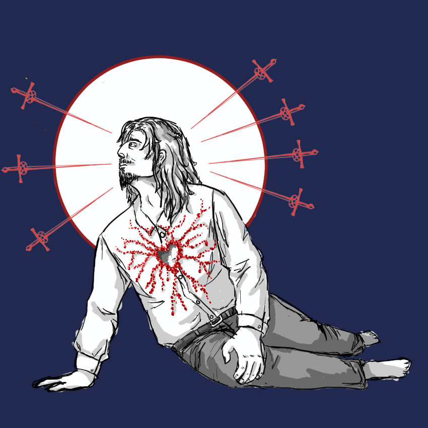 Julius with a halo of swords and bloody heart embroidered shirt