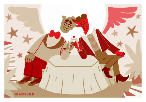Good omens art I made for a riso print workshop!!! This was printed using the ink colors red and fla