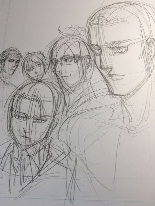 SnK News: Isayama Hajime’s Original Sketches for the Cover of Bessatsu Shonen January 2018Isayama has shared the original drafts for the Bessatsu Shonen 100th issue/January 2018 issue cover, featuring Erwin, Levi, Hanji, Eren, and Jean as the top