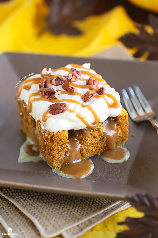 sweetoothgirl:    Pumpkin Caramel Poke Cake  